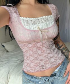Pink Lace Crop Top with Bow 4