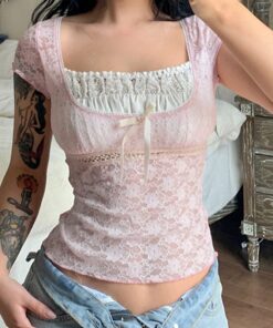 Pink Lace Crop Top with Bow 5