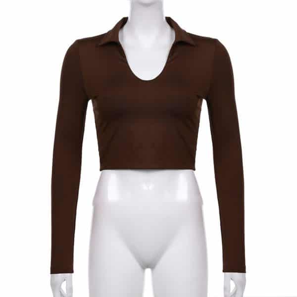 Polo Neck Crop Top Brown Front