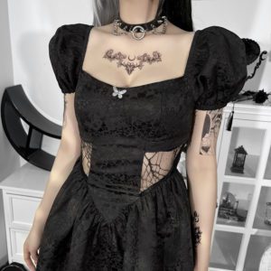 Puff Sleeve Black Floral Lace Mini Dress 2