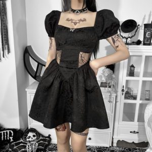 Puff Sleeve Black Floral Lace Mini Dress 3