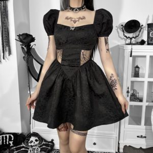 Puff Sleeve Black Floral Lace Mini Dress