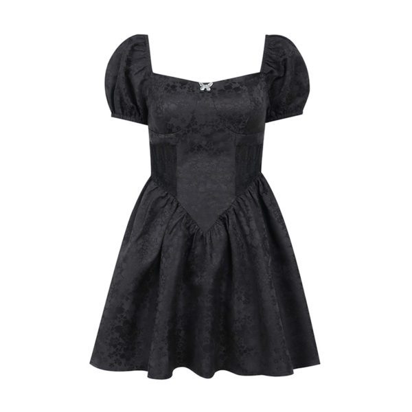 Puff Sleeve Black Floral Lace Mini Dress Full Front