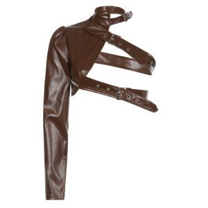 Vegan Leather One Shoulder Cropped Jacket - Brown Full