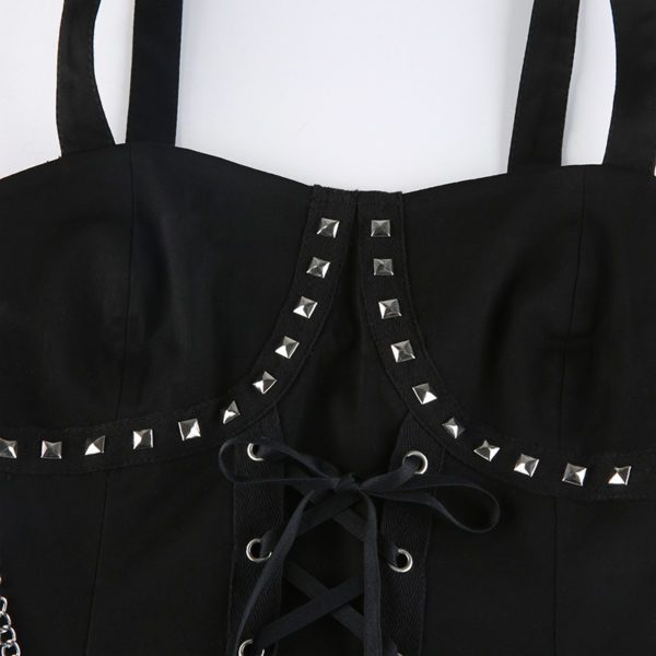 Black Rivet Tank Top with Chains Details 2