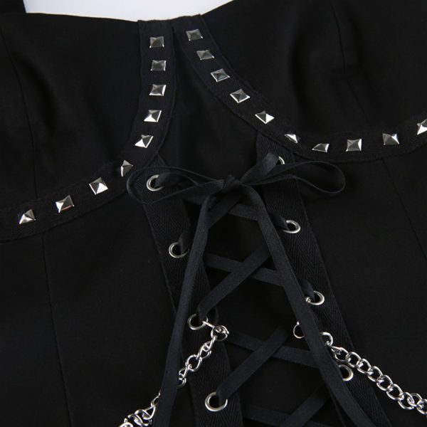 Black Rivet Tank Top with Chains Details
