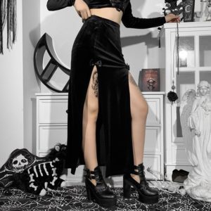Black Velvet Split Long Skirt 5