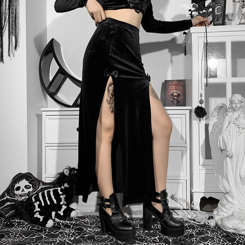 Black Velvet Split Long Skirt