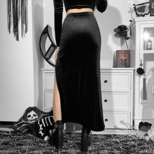 Black Velvet Split Long Skirt 6