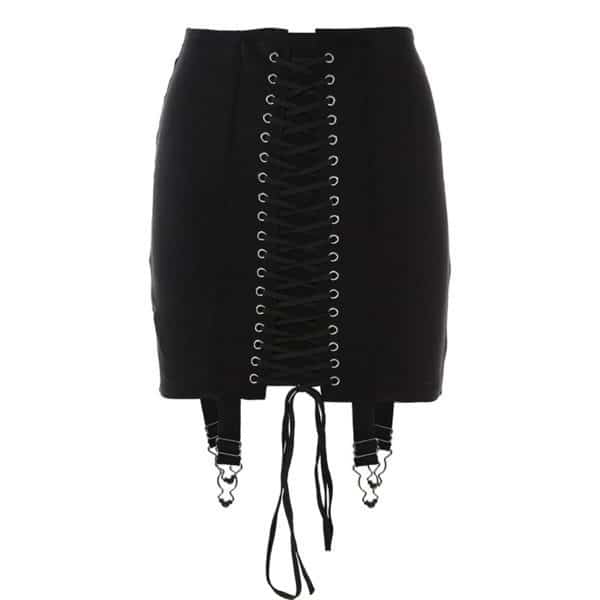High Waist Eyelet Lace-up Mini Skirt - Black Full