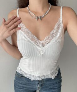Lace Trim Ribbed Crop Top - White 2