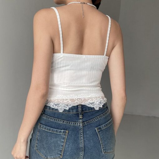 Lace Trim Ribbed Crop Top - White 3