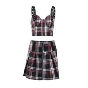 Plaid Zip-up Camisole with Pleated Mini Skirt