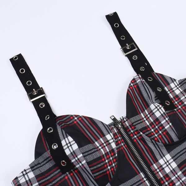 Plaid Zip up Camisole with Pleated Mini Skirt Details