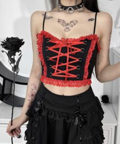 Red Lace up Black Camisole 2