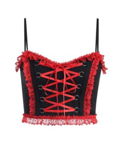 Red Lace up Black Camisole Full Front