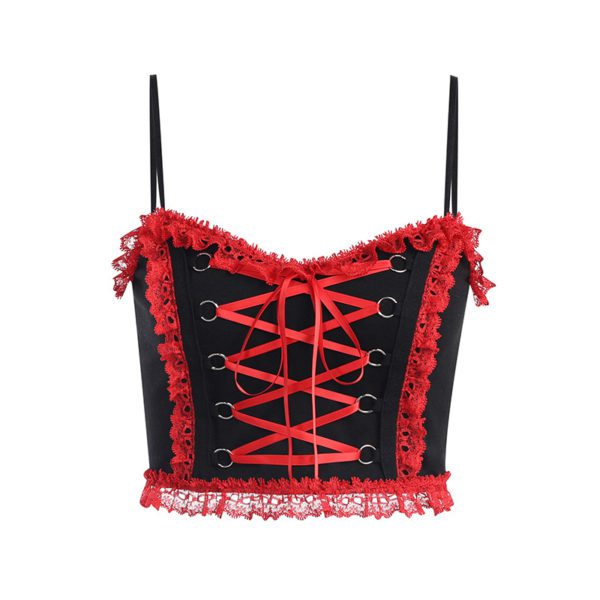 Red Lace up Black Camisole Full Front