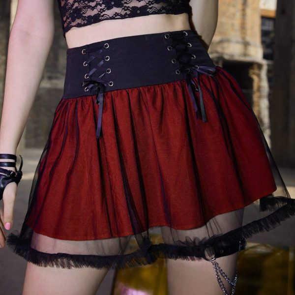 Black Mesh Bandage Red Mini Skirt
