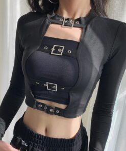 Long Sleeve Crop Top with Front Belts