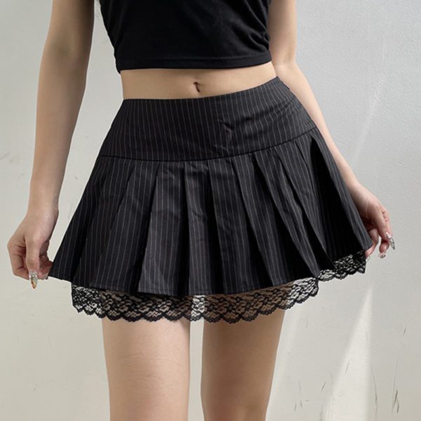 Pleated Striped Lace Trim Mini Skirt