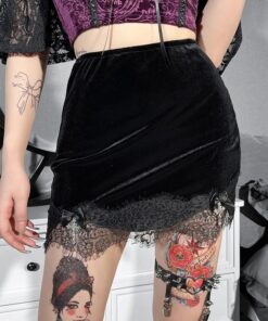 Velvet Lace Trim Mini Skirt with Cross Ribbon 2