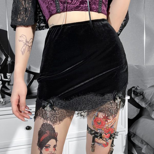 Velvet Lace Trim Mini Skirt with Cross Ribbon 2