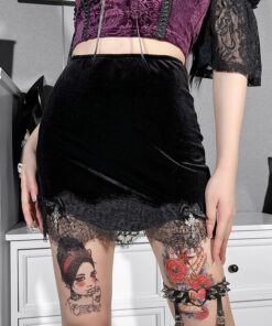 Velvet Lace Trim Mini Skirt with Cross Ribbon