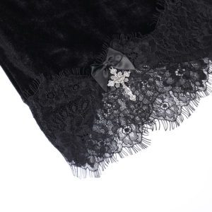 Velvet Lace Trim Mini Skirt with Cross Ribbon Details