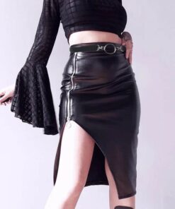 Vegan Leather Knee Length Split Skirt 5