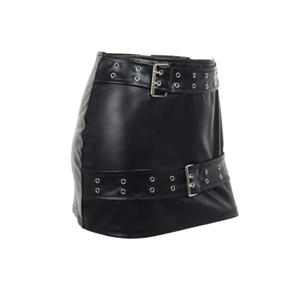 Vegan Leather Mini Skirt with Double Belts 2