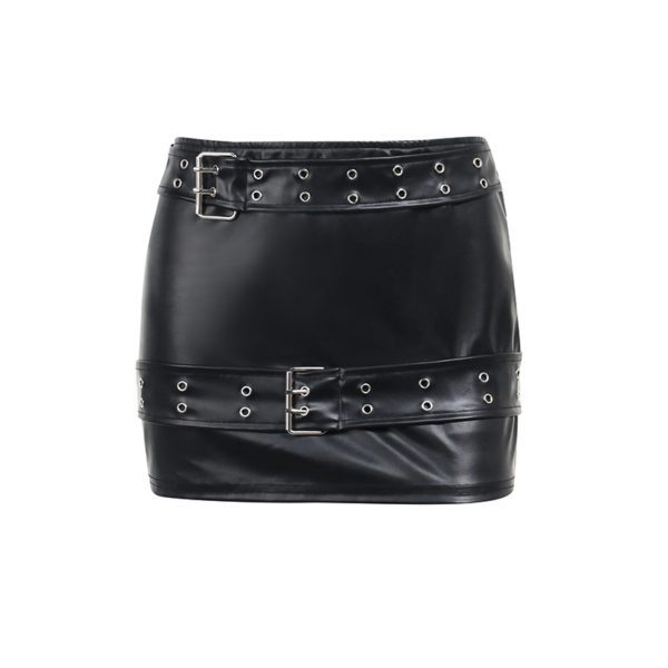 Vegan Leather Mini Skirt with Double Belts