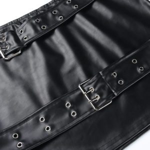 Vegan Leather Mini Skirt with Double Belts Details 2