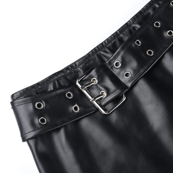 Vegan Leather Mini Skirt with Double Belts Details