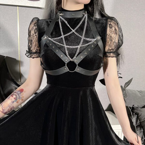 Velvet Mini Dress with Pentagram Chain Garter 2
