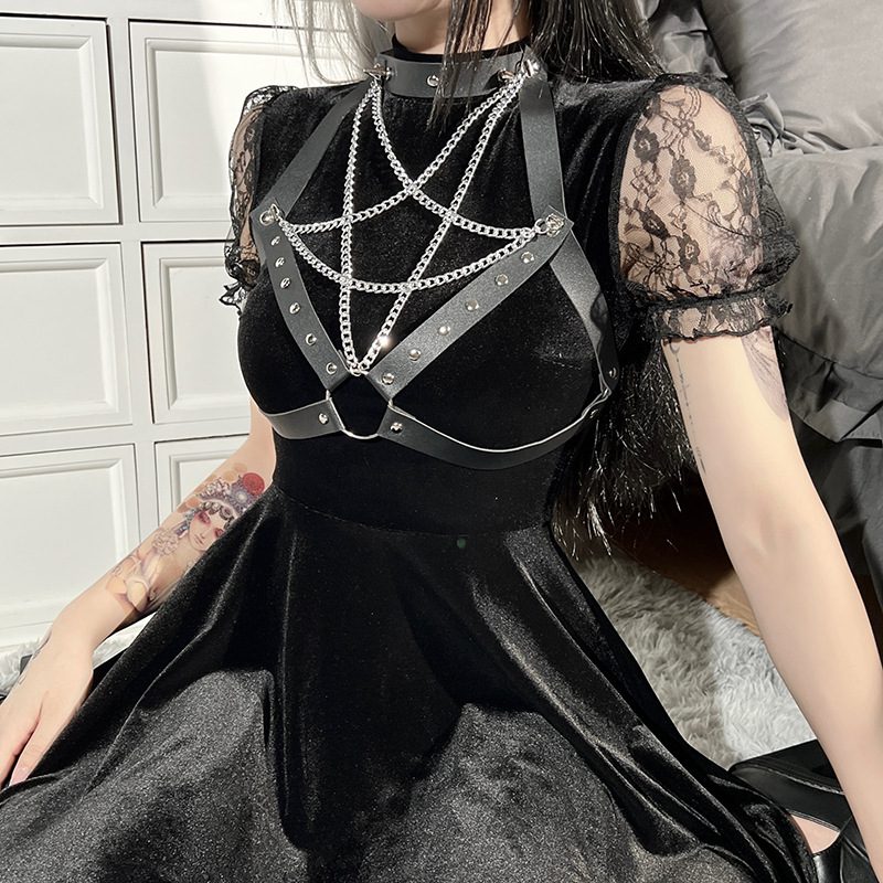 Velvet Mini Dress with Pentagram Chain Garter