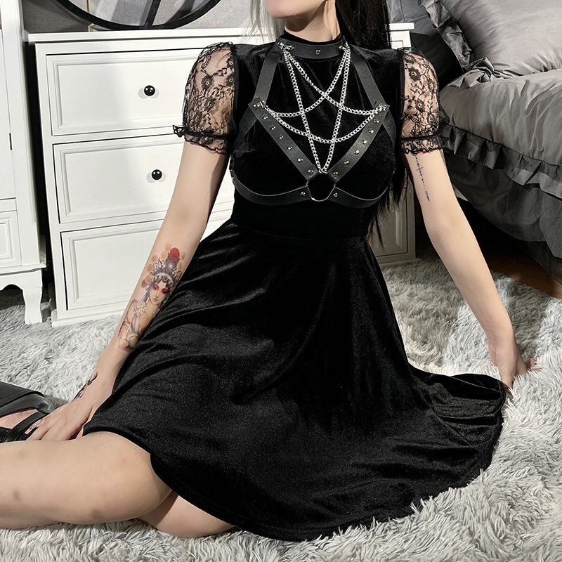 Velvet Mini Dress with Pentagram Chain Garter - Ninja Cosmico