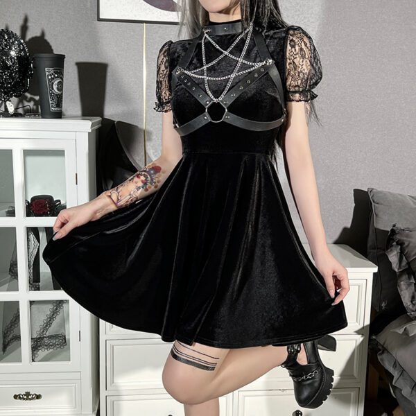Velvet Mini Dress with Pentagram Chain Garter