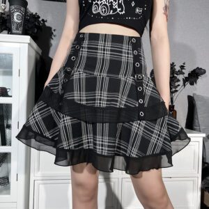 High Waist Lace Trim Plaid Mini Skirt 2