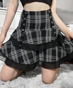 High Waist Lace Trim Plaid Mini Skirt