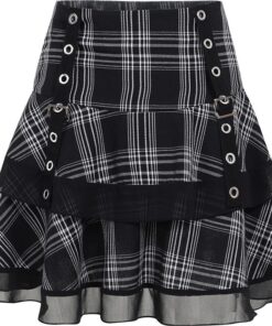 High Waist Lace Trim Plaid Mini Skirt Full