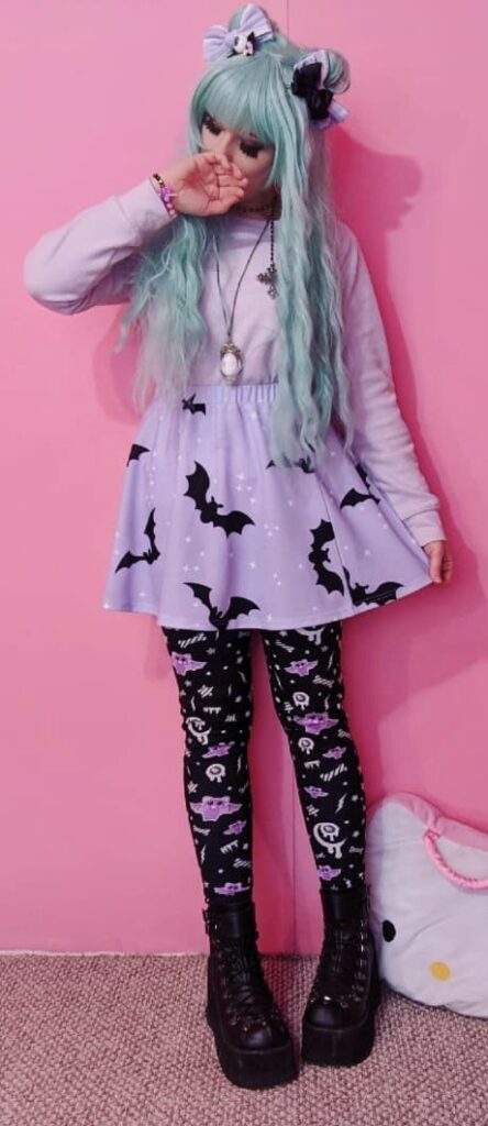 Hair bows with lavender sweatshirt, pastel bats skirt & black and pastel creepy kawaii leggings - by angeleeku