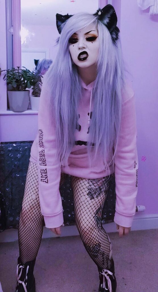Cat Ear Hair Bows & Pink Printed Sweatshirt with Fishnet Long Socks by PHILLIPPAMOTIONLESS