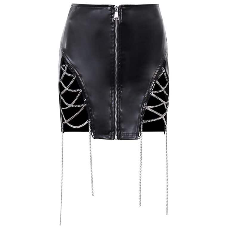 Vegan Leather Cut Out Chains Mini Skirt - Ninja Cosmico