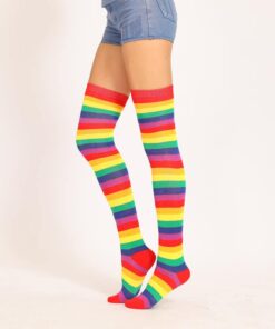 Rainbow Thigh High Socks - Red 2