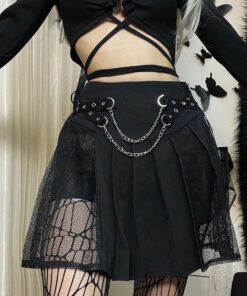 Side Mesh Pleated Mini Skirt with Chains 2