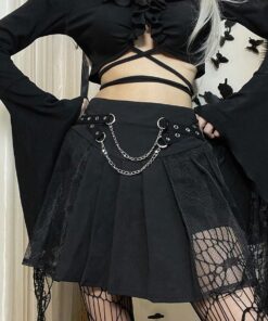 Side Mesh Pleated Mini Skirt with Chains 3