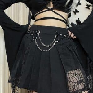 Side Mesh Pleated Mini Skirt with Chains 3