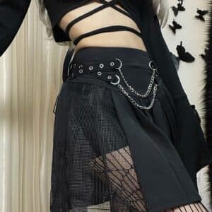 Side Mesh Pleated Mini Skirt with Chains 4
