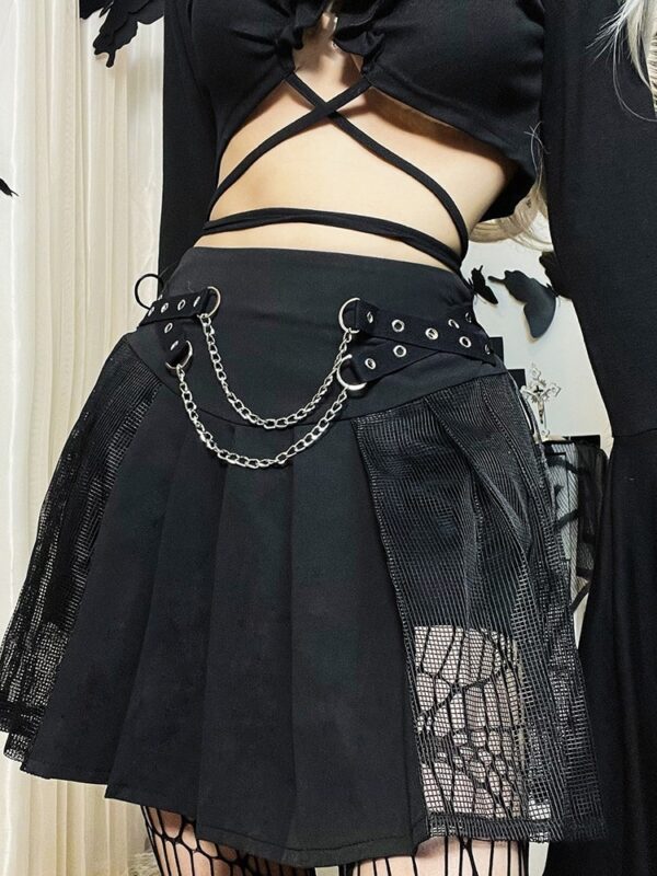 Side Mesh Pleated Mini Skirt with Chains