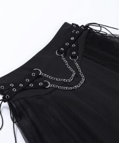Side Mesh Pleated Mini Skirt with Chains Details 2